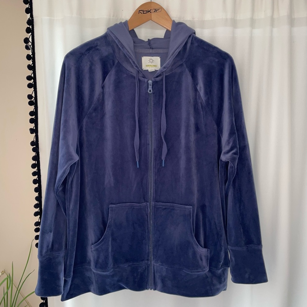 Aerie offline blue velour full zip hoodie women’s M medium hood sweatshirt